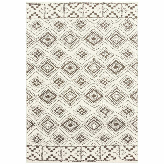 2' X 3' Ivory And Brown Geometric Shag Power Loom Stain Resistant Area Rug - Homeroots - Flyclothing LLC