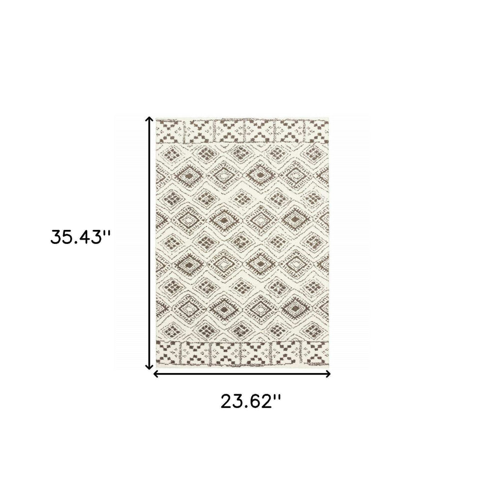 2' X 3' Ivory And Brown Geometric Shag Power Loom Stain Resistant Area Rug - Homeroots - Flyclothing LLC