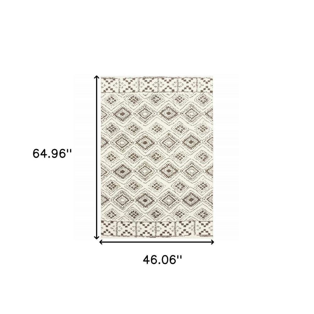 4' X 6' Ivory And Brown Geometric Shag Power Loom Stain Resistant Area Rug - Homeroots - Flyclothing LLC