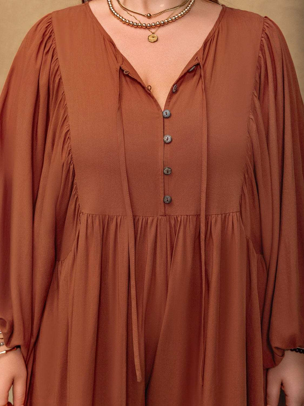 Plus Size Ruched Tie Neck Balloon Sleeve Romper - Trendsi - Flyclothing LLC