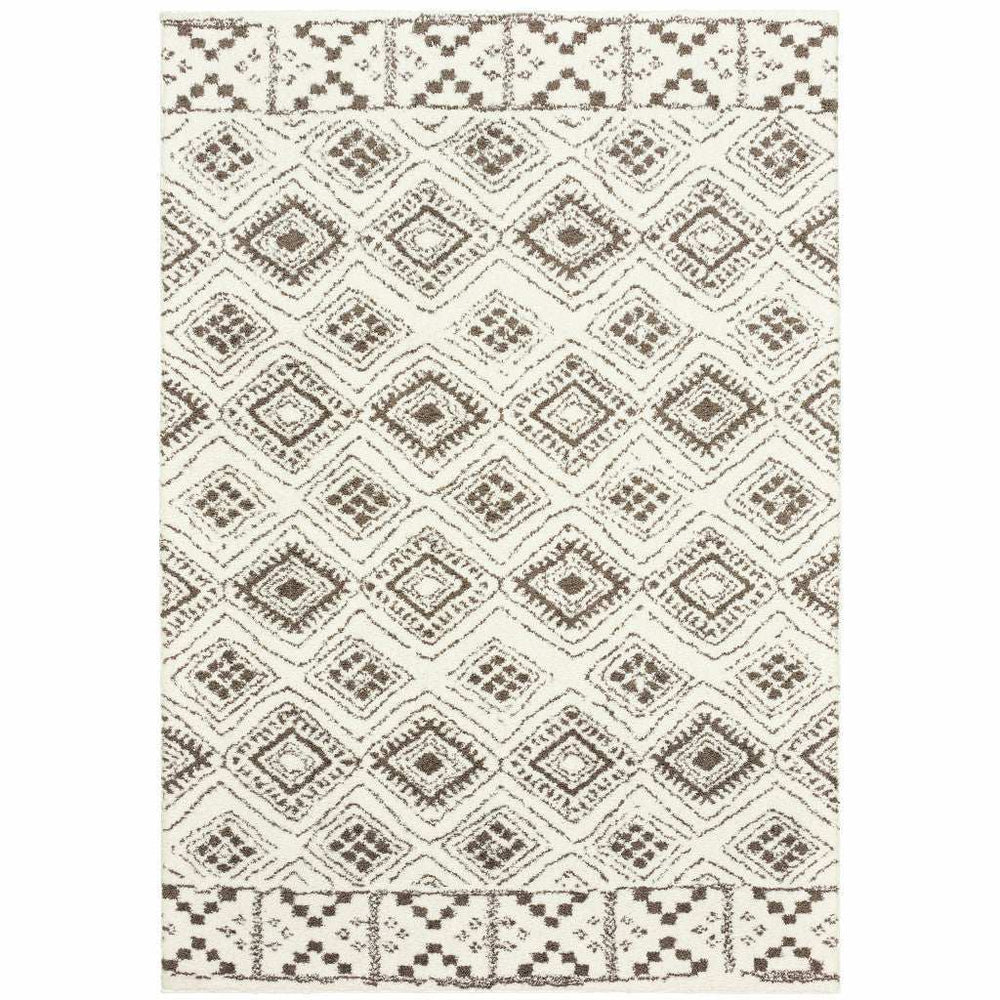 8' X 11' Ivory And Brown Geometric Shag Power Loom Stain Resistant Area Rug - Homeroots - Flyclothing LLC