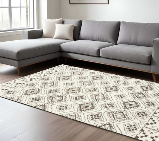 8' X 11' Ivory And Brown Geometric Shag Power Loom Stain Resistant Area Rug - Homeroots - Flyclothing LLC
