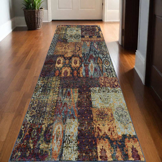 12' Runner Blue and Red Abstract Power Loom Runner Rug - Homeroots - Flyclothing LLC