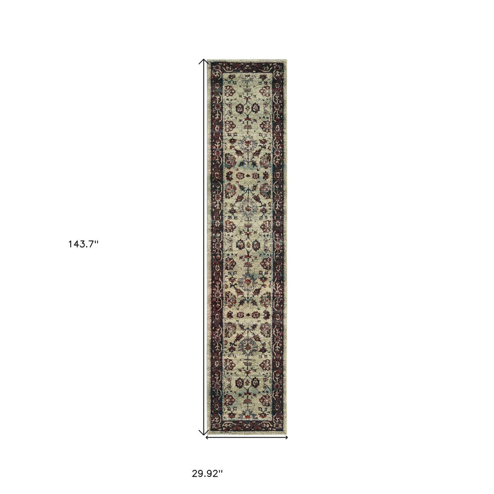 12' Runner Stone and Red Oriental Power Loom Runner Rug - Homeroots - Flyclothing LLC