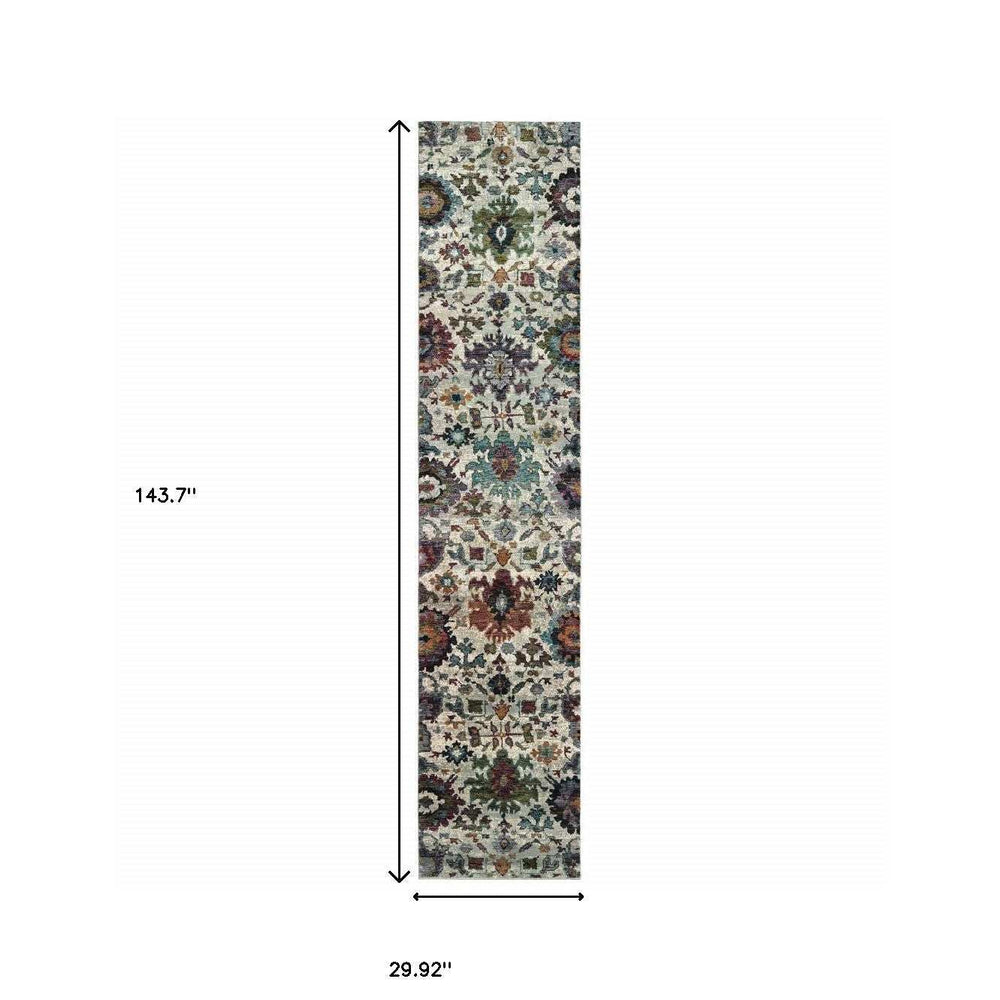 12' Runner Green and Ivory Oriental Power Loom Runner Rug - Homeroots - Flyclothing LLC