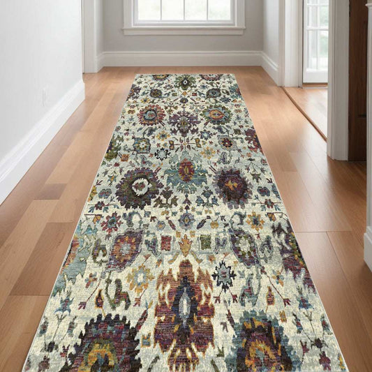 12' Runner Green and Ivory Oriental Power Loom Runner Rug - Homeroots - Flyclothing LLC