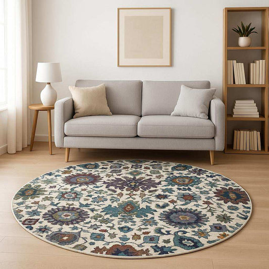8' Purple and Gray Round Oriental Power Loom Area Rug - Homeroots - Flyclothing LLC