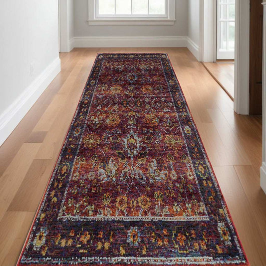 12' Runner Red Purple Gold and Grey Oriental Power Loom Runner Rug - Homeroots - Flyclothing LLC