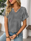 Striped Notched Short Sleeve T-Shirt - Trendsi - Flyclothing LLC