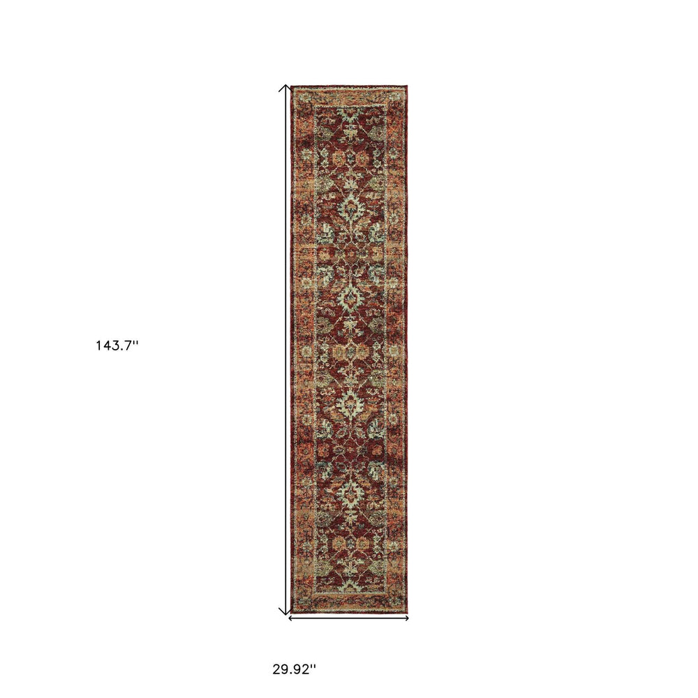 12' Runner Red Gold and Green Oriental Power Loom Runner Rug - Homeroots - Flyclothing LLC