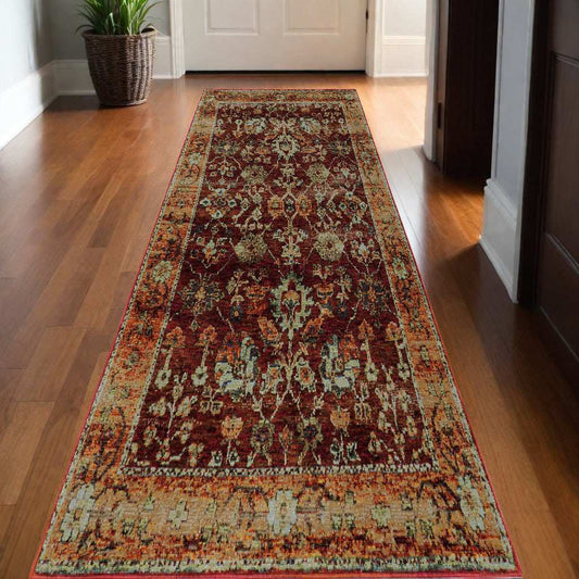 12' Runner Red Gold and Green Oriental Power Loom Runner Rug - Homeroots - Flyclothing LLC