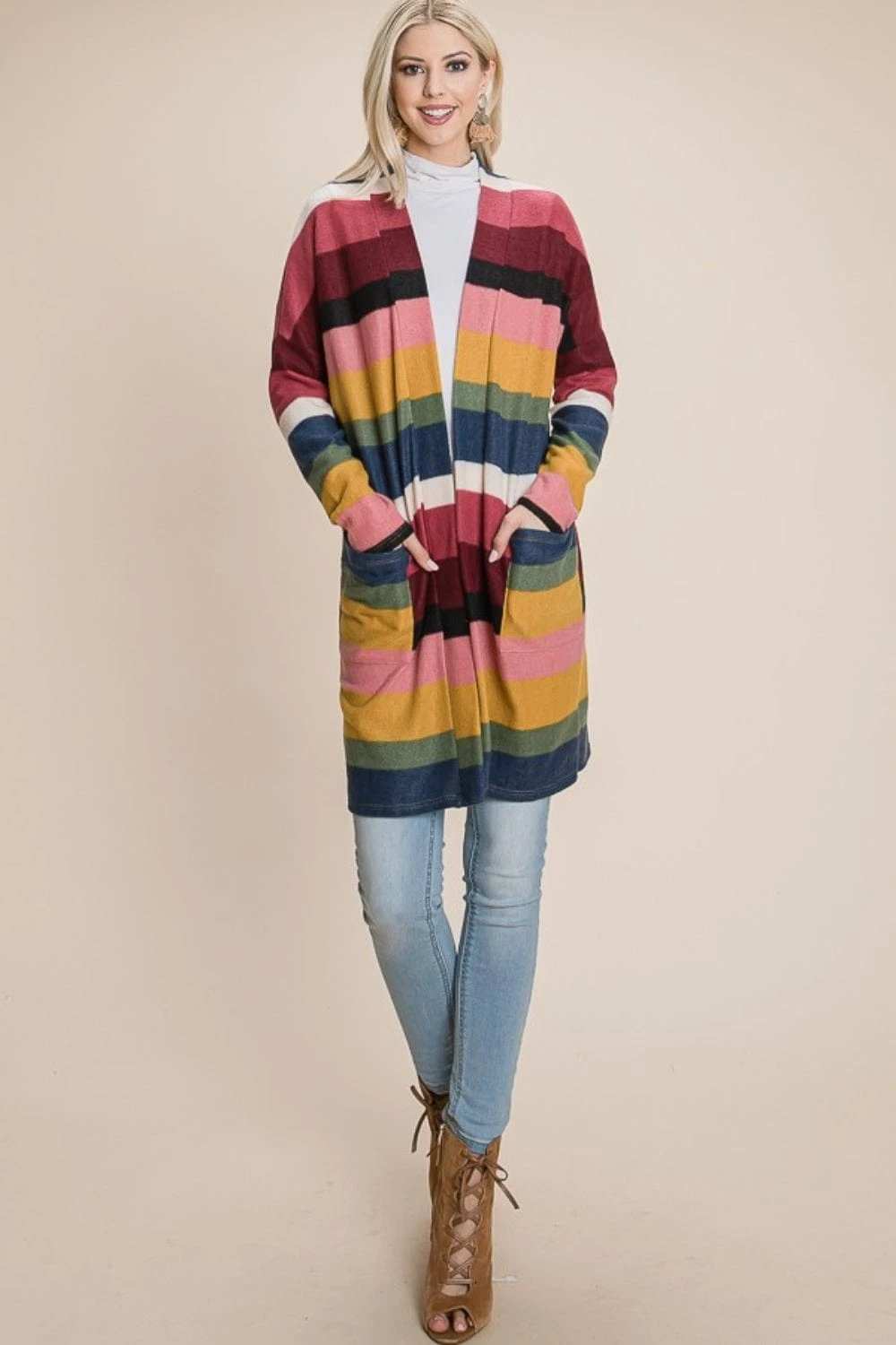 BOMBOM Color Block Striped Open Front Cardigan - Trendsi - Flyclothing LLC