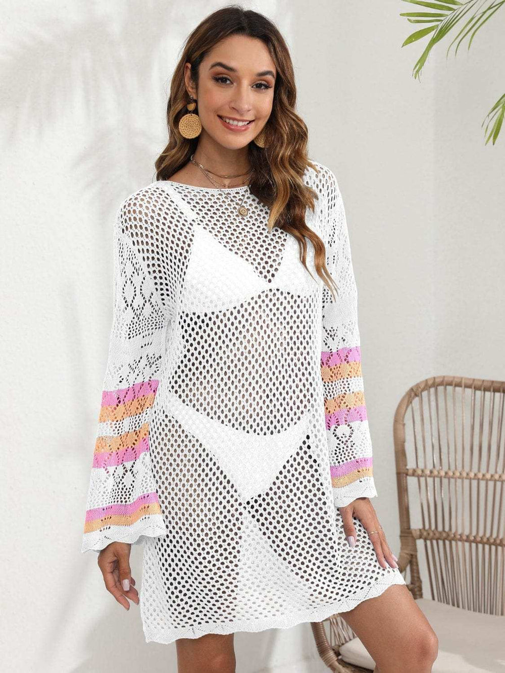 Openwork Contrast Long Sleeve Cover-Up - Trendsi - Flyclothing LLC