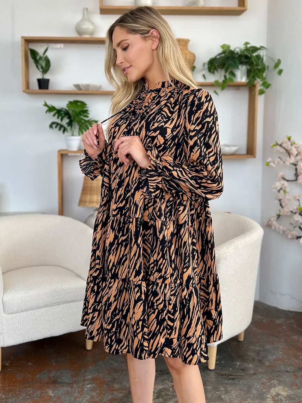 Double Take Full Size Printed Ruffle Hem Long Sleeve Dress - Trendsi - Flyclothing LLC