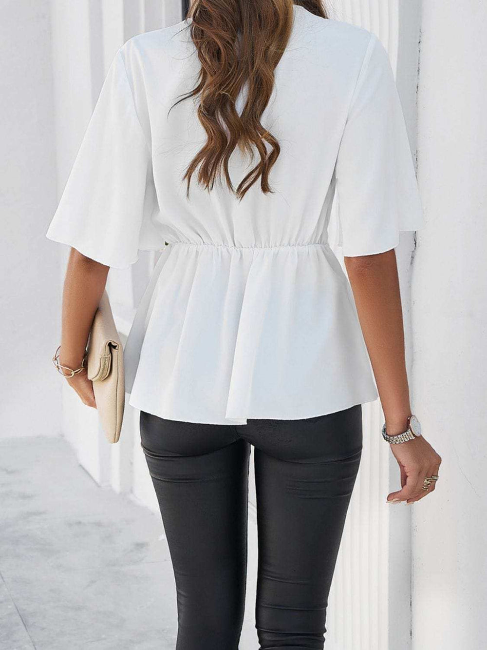 Devine Tied Front Peplum Blouse - Trendsi - Flyclothing LLC
