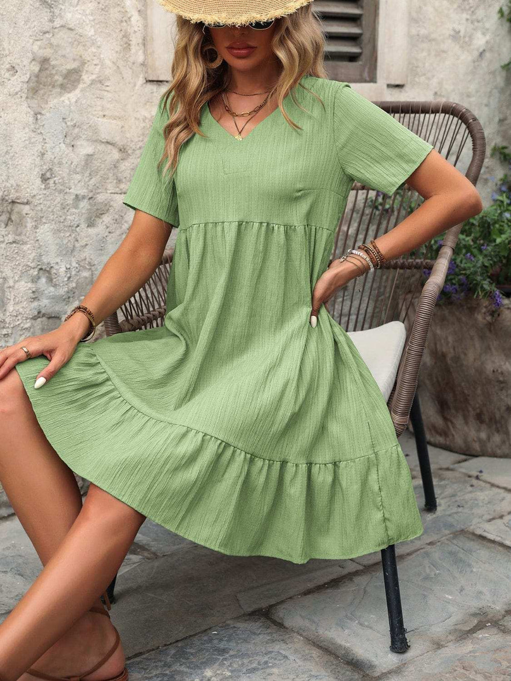V-Neck Short Sleeve Mini Dress - Trendsi - Flyclothing LLC