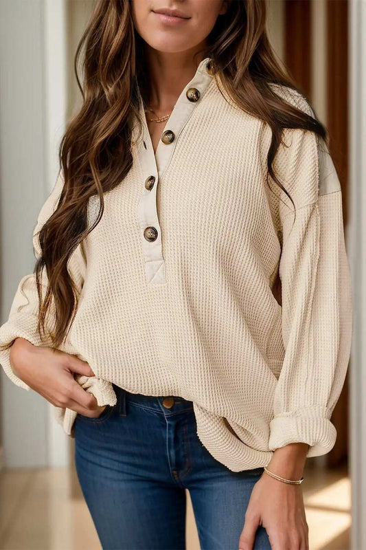 Half Button Long Sleeve Top - Trendsi - Flyclothing LLC