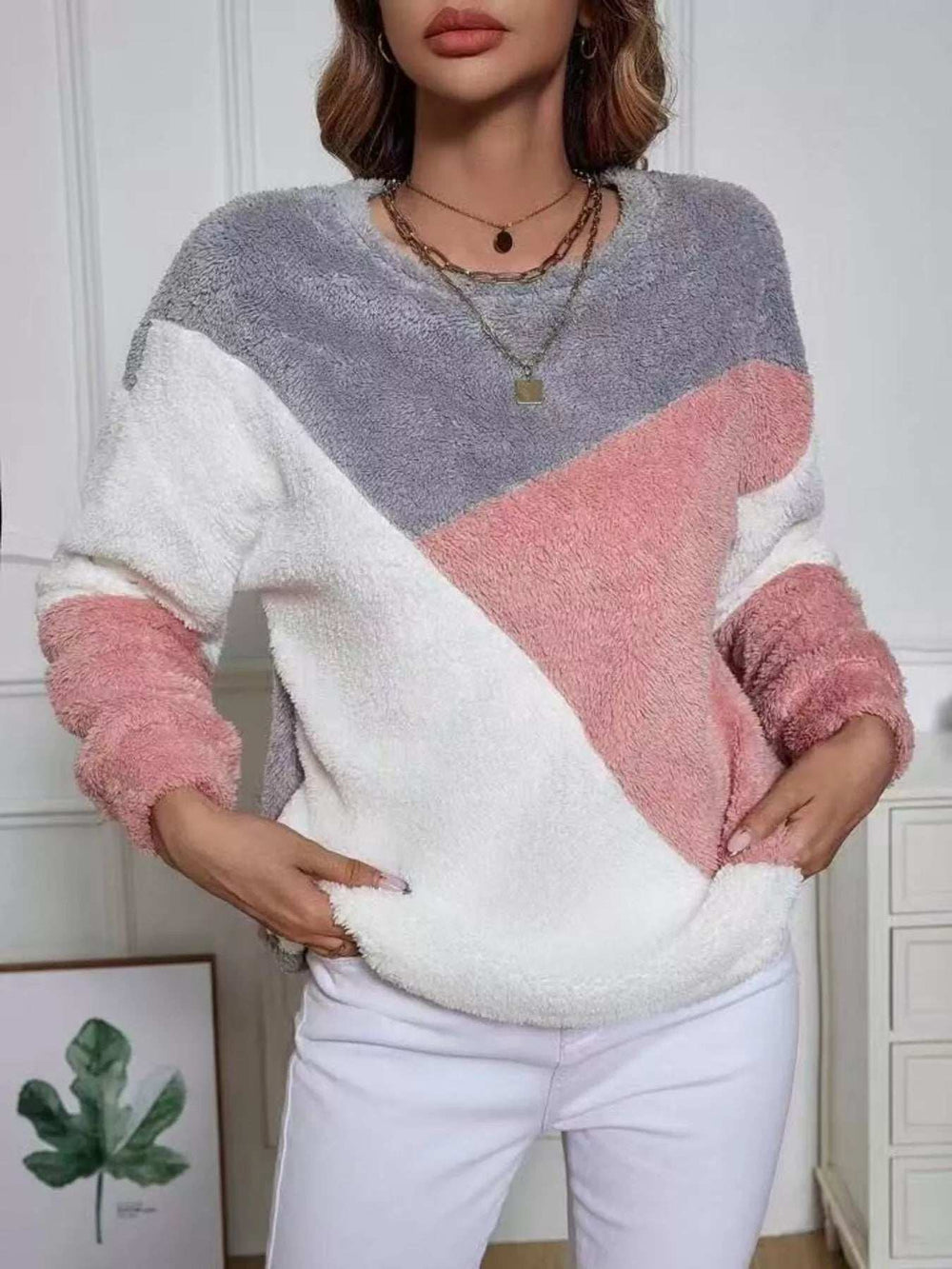 Color Block Fuzzy Knit Sweatshirt - Trendsi - Flyclothing LLC