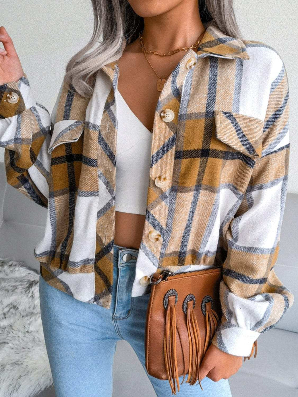 Plaid Collared Neck Long Sleeve Jacket - Trendsi - Flyclothing LLC