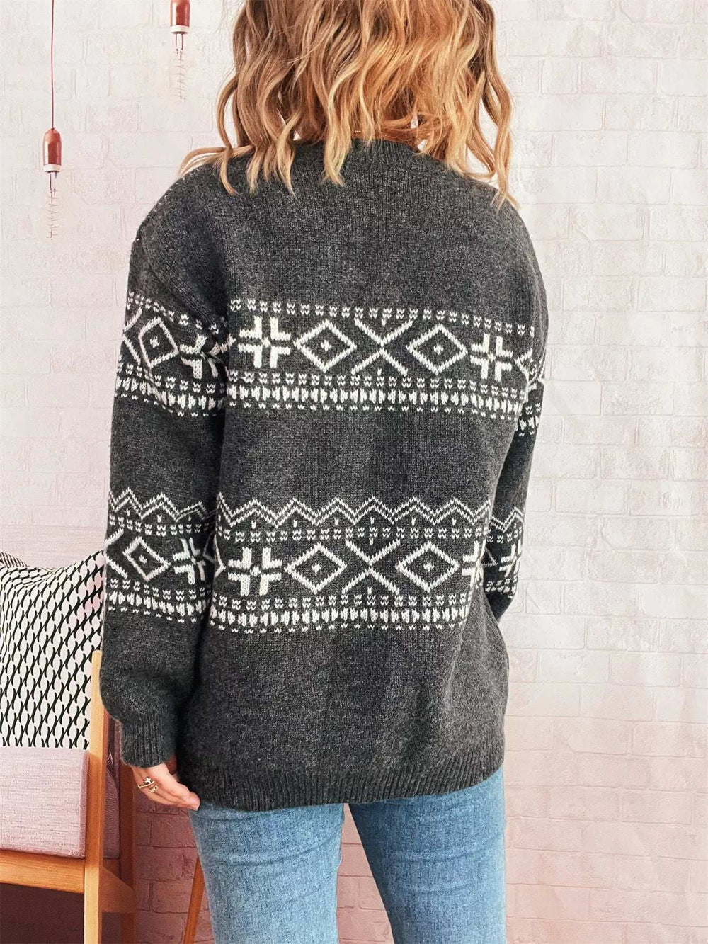 Geometric Dropped Shoulder Long Sleeve Sweater - Trendsi - Flyclothing LLC