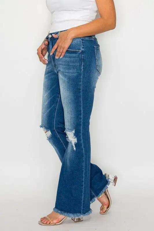 bytos Full Size Raw Hem Distressed High Rise Bootcut Jeans - Trendsi - Flyclothing LLC