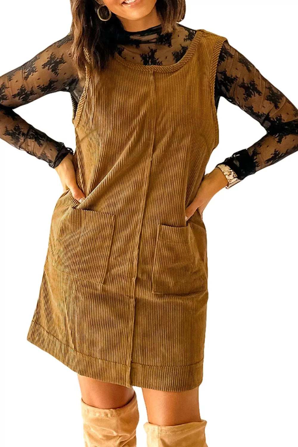 Corduroy Pocket Front Mini Overall Dress - Trendsi - Flyclothing LLC