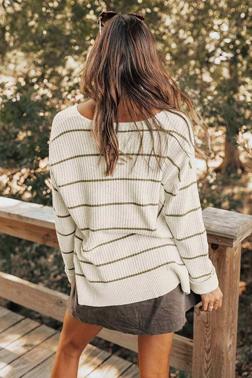 Striped V-Neck Drop Shoulder Sweater - Trendsi - Flyclothing LLC