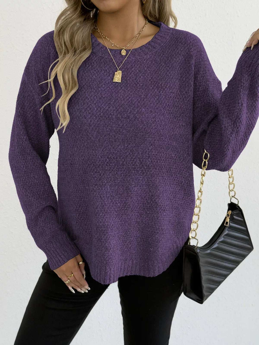 Textured Knit Relaxed Fit Round Neck Sweater - Trendsi - Flyclothing LLC