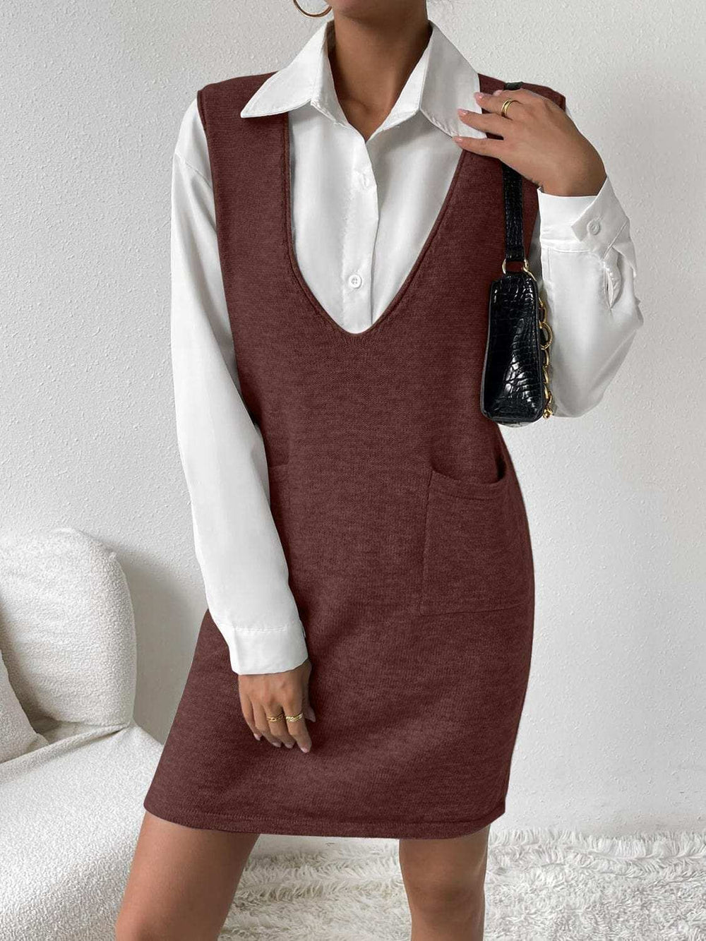 V-Neck Sleeveless Sweater Dress with Pockets - Trendsi - Flyclothing LLC