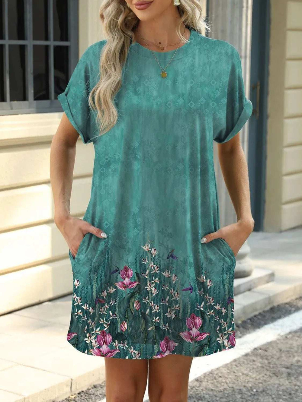 Printed Round Neck Short Sleeve Mini Dress - Trendsi - Flyclothing LLC