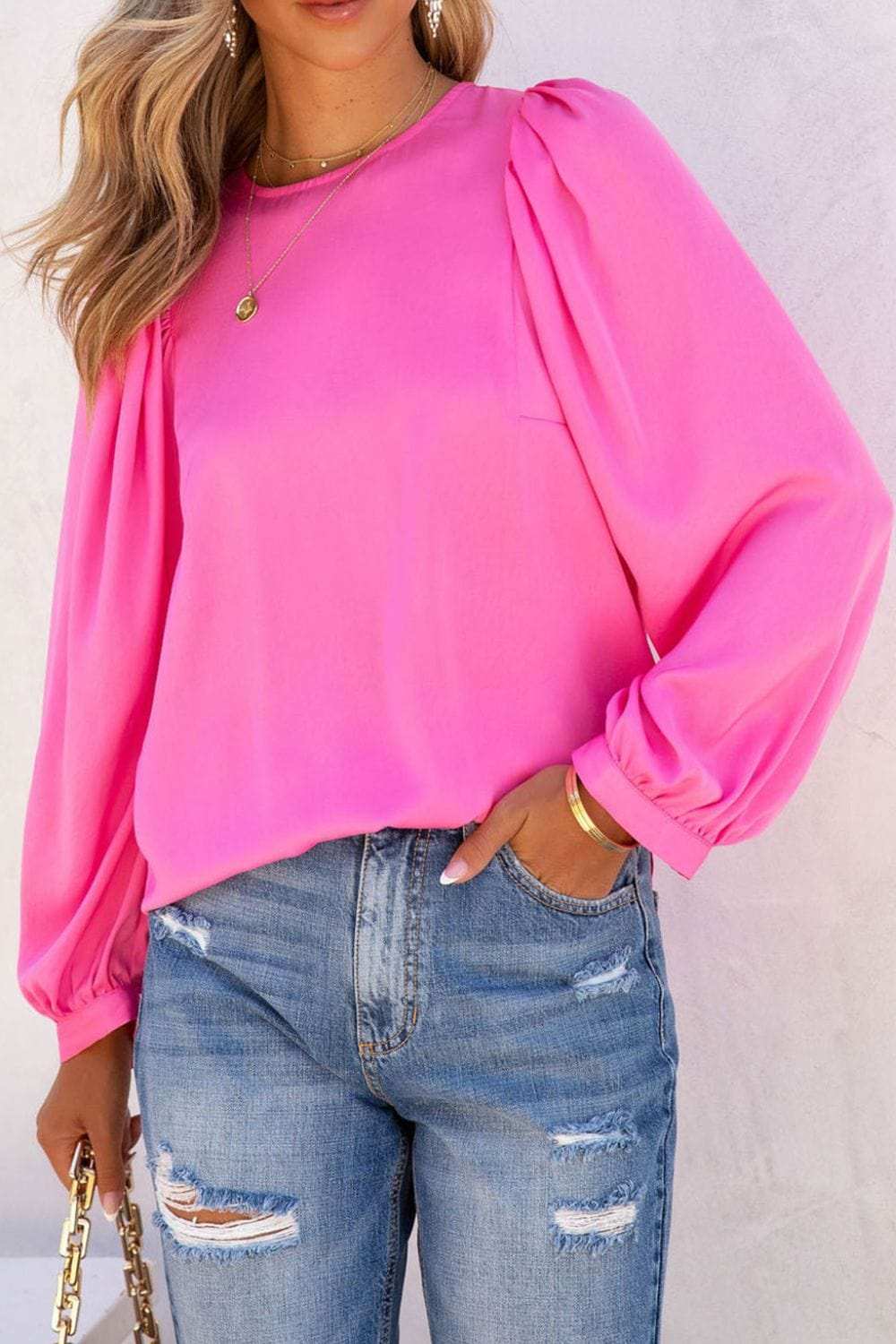 Round Neck Long Sleeve Blouse - Trendsi - Flyclothing LLC