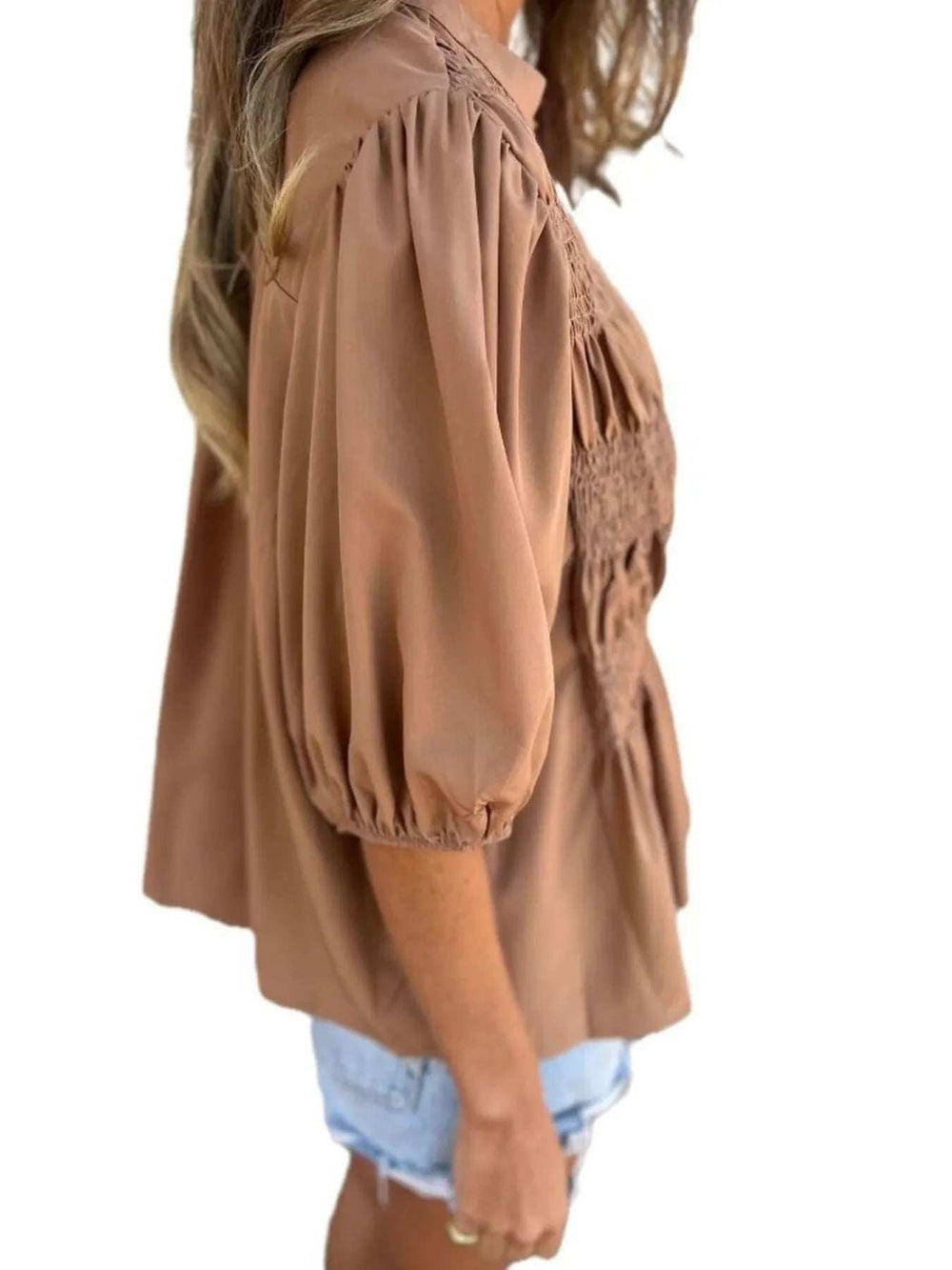 Full Size Smocked Puff Sleeve Blouse Plus Size - Trendsi - Flyclothing LLC