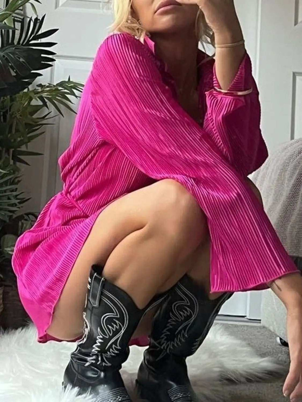 Tied Button Up Long Sleeve Dress - Trendsi - Flyclothing LLC
