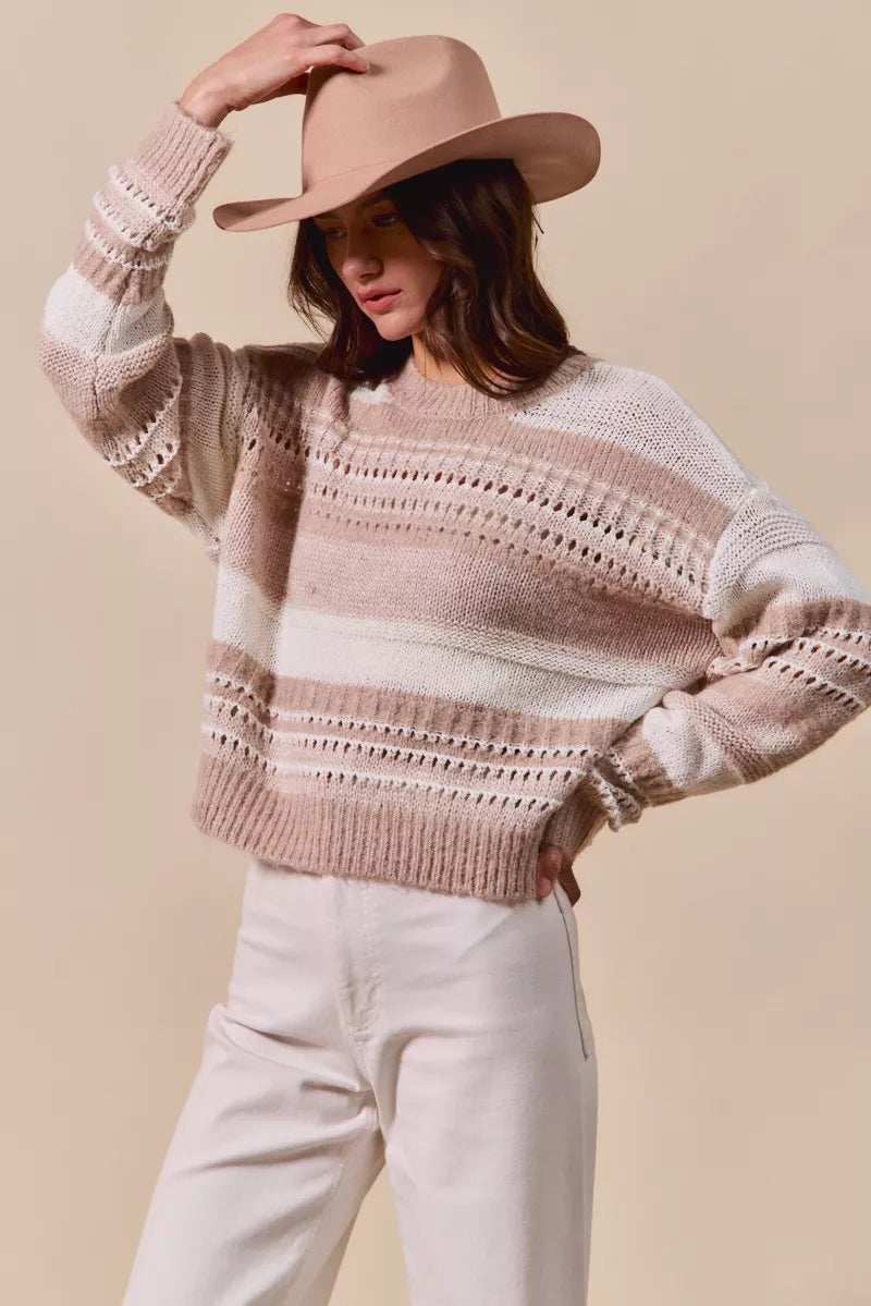 SO ME Variegated Stripe Textured Loose Fit Sweater - Trendsi - Flyclothing LLC
