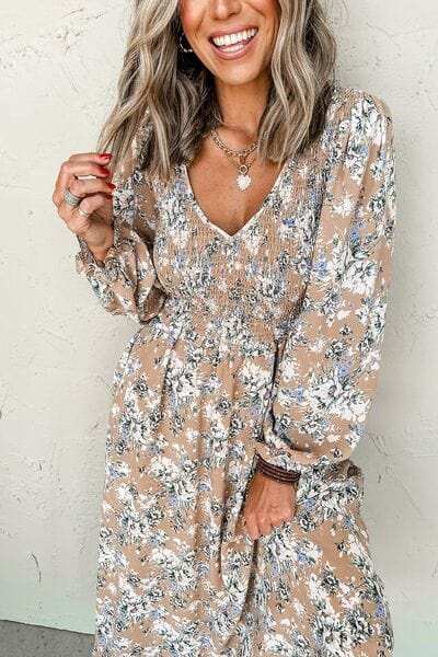 Printed V-Neck Long Sleeve Dress - Trendsi - Flyclothing LLC