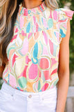 Ruffled Printed Mock Neck Cap Sleeve Blouse - Trendsi - Flyclothing LLC