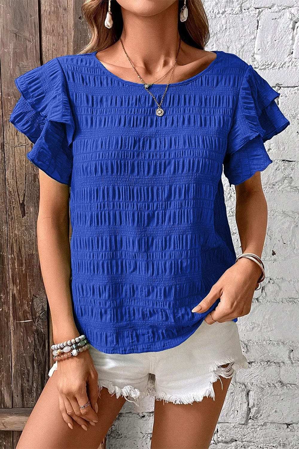 Round Neck Ruffle Sleeve Blouse - Trendsi - Flyclothing LLC