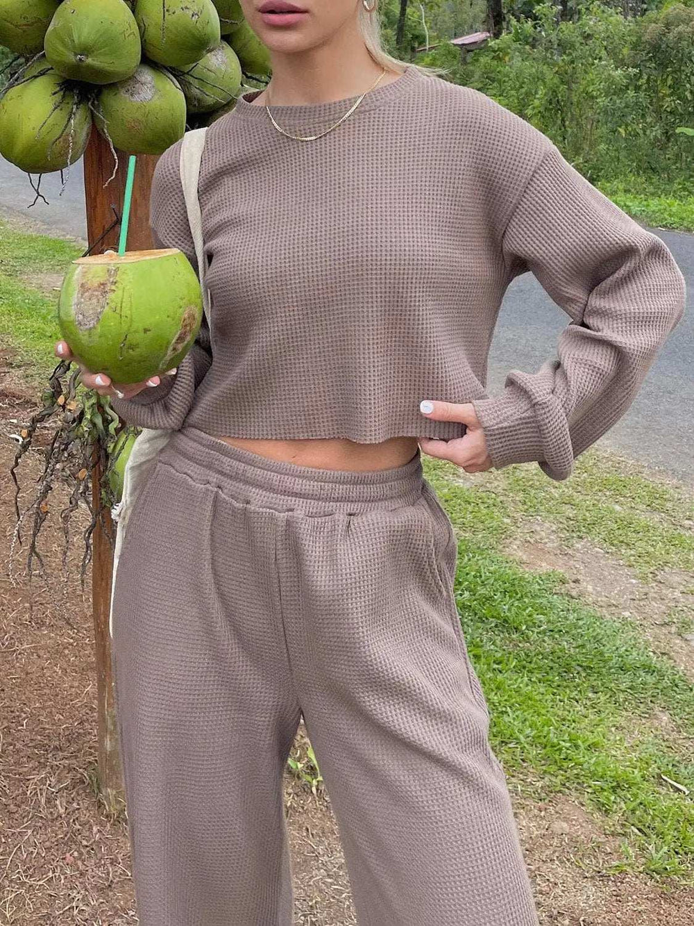 Waffle-Knit Round Neck Top and Pants Set - Trendsi - Flyclothing LLC