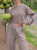 Waffle-Knit Round Neck Top and Pants Set - Trendsi - Flyclothing LLC