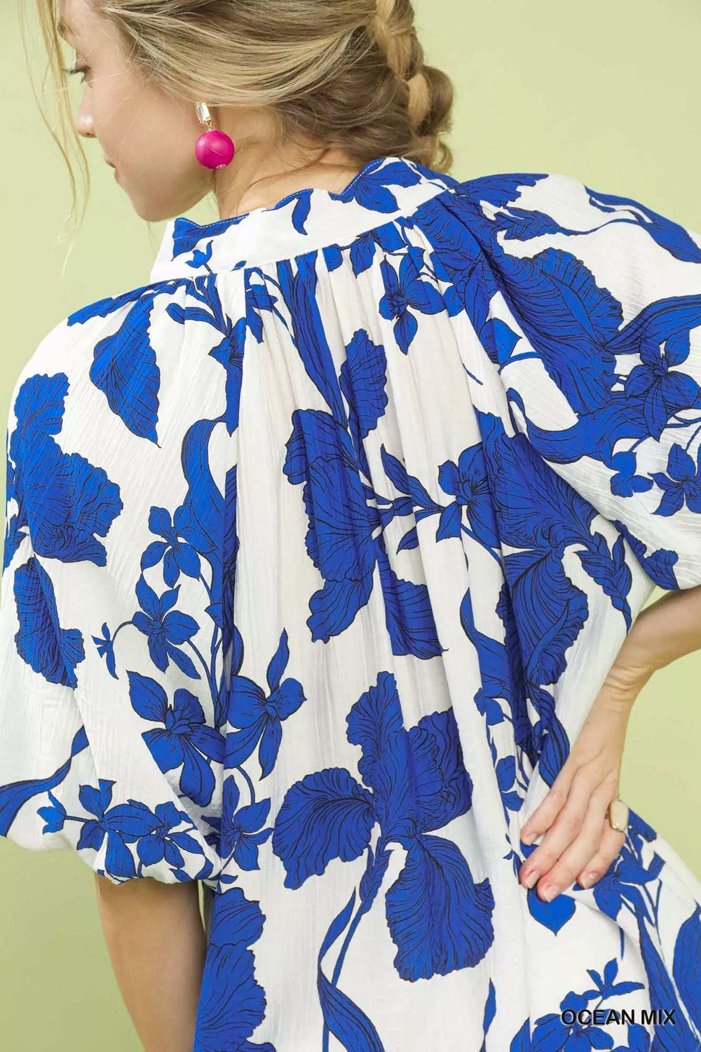 Umgee Floral Print Puff Sleeve Blouse with Scallop Hem - Trendsi - Flyclothing LLC