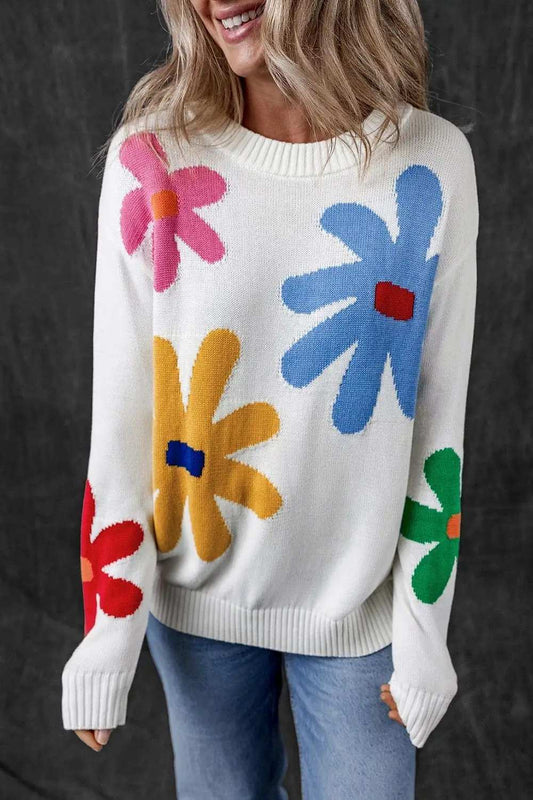Flower Round Neck Dropped Shoulder Sweater - Trendsi - Flyclothing LLC