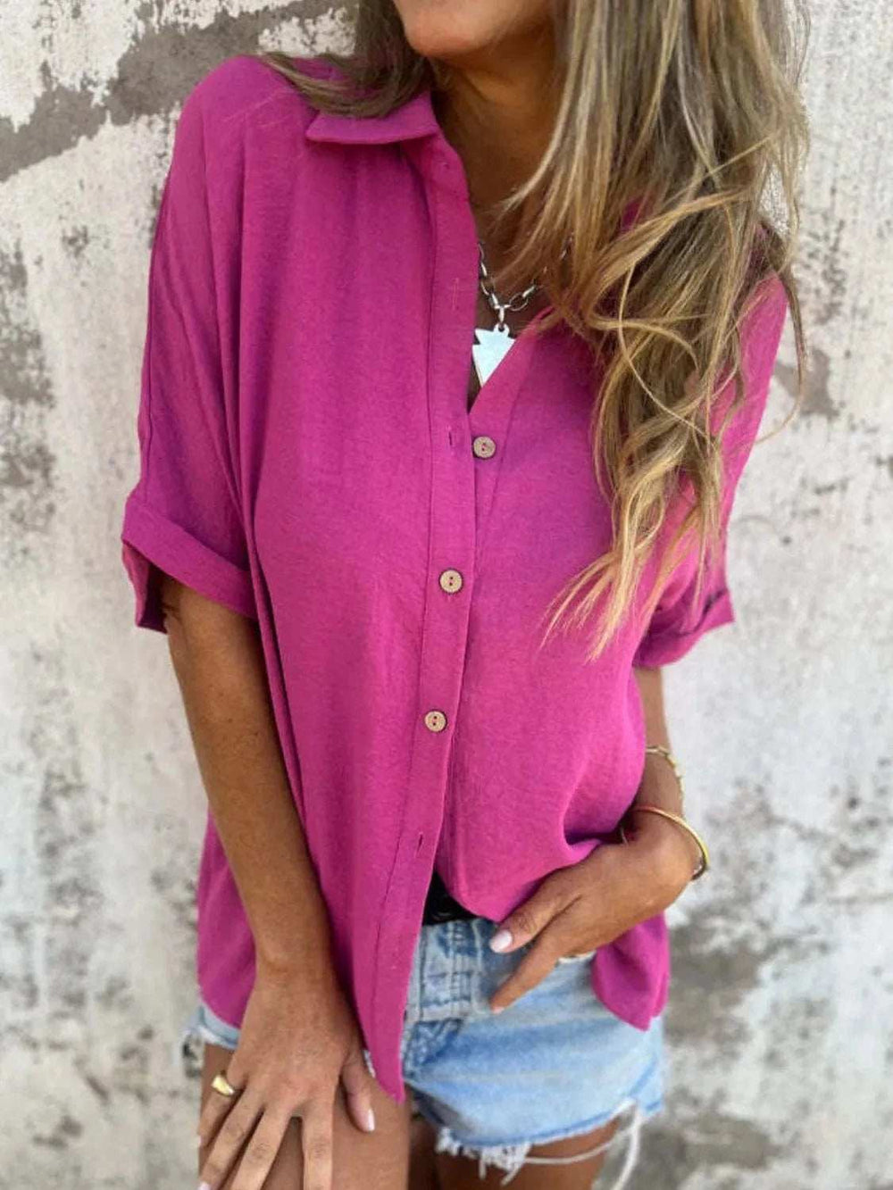 Full Size Collared Neck Half Sleeve Shirt Plus Size - Trendsi - Flyclothing LLC