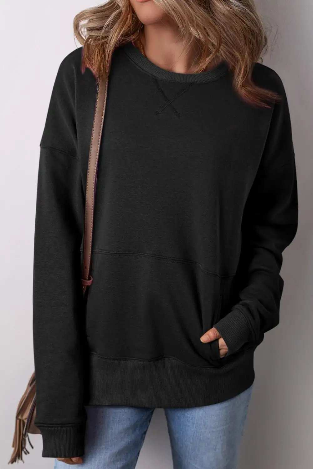 Solid Color Round Neck Long Sleeve Sweatshirt - Trendsi - Flyclothing LLC