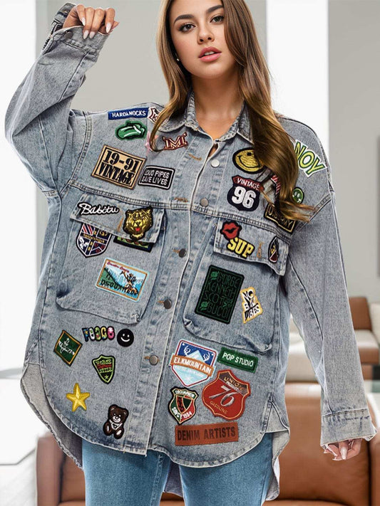 Embroidered Patch Button Up Long Sleeve Denim Jacket - Trendsi - Flyclothing LLC