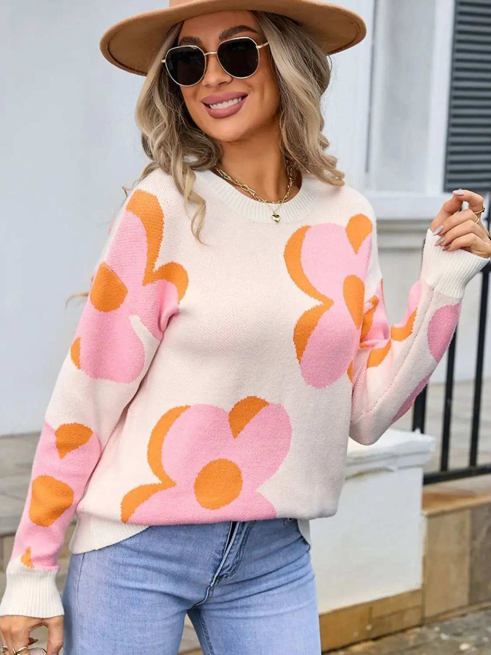 Angel Wings Flower Round Neck Long Sleeve Sweater - Trendsi - Flyclothing LLC