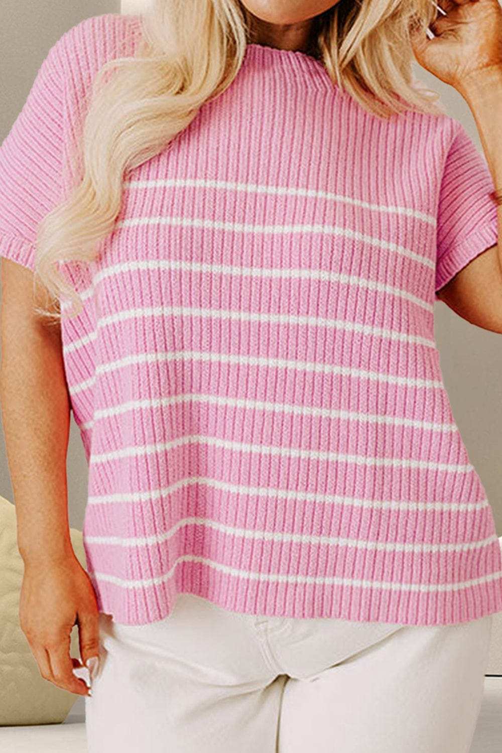 Plus Size Striped Round Neck Cap Sleeve Knit Top - Trendsi - Flyclothing LLC