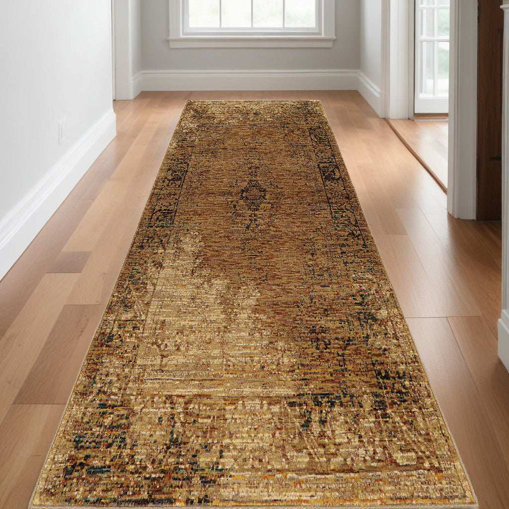 12' Runner Gold and Brown Oriental Power Loom Runner Rug - Homeroots - Flyclothing LLC