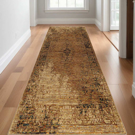 12' Runner Gold and Brown Oriental Power Loom Runner Rug - Homeroots - Flyclothing LLC