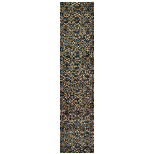 12' Runner Blue and Gold Oriental Power Loom Runner Rug - Homeroots - Flyclothing LLC