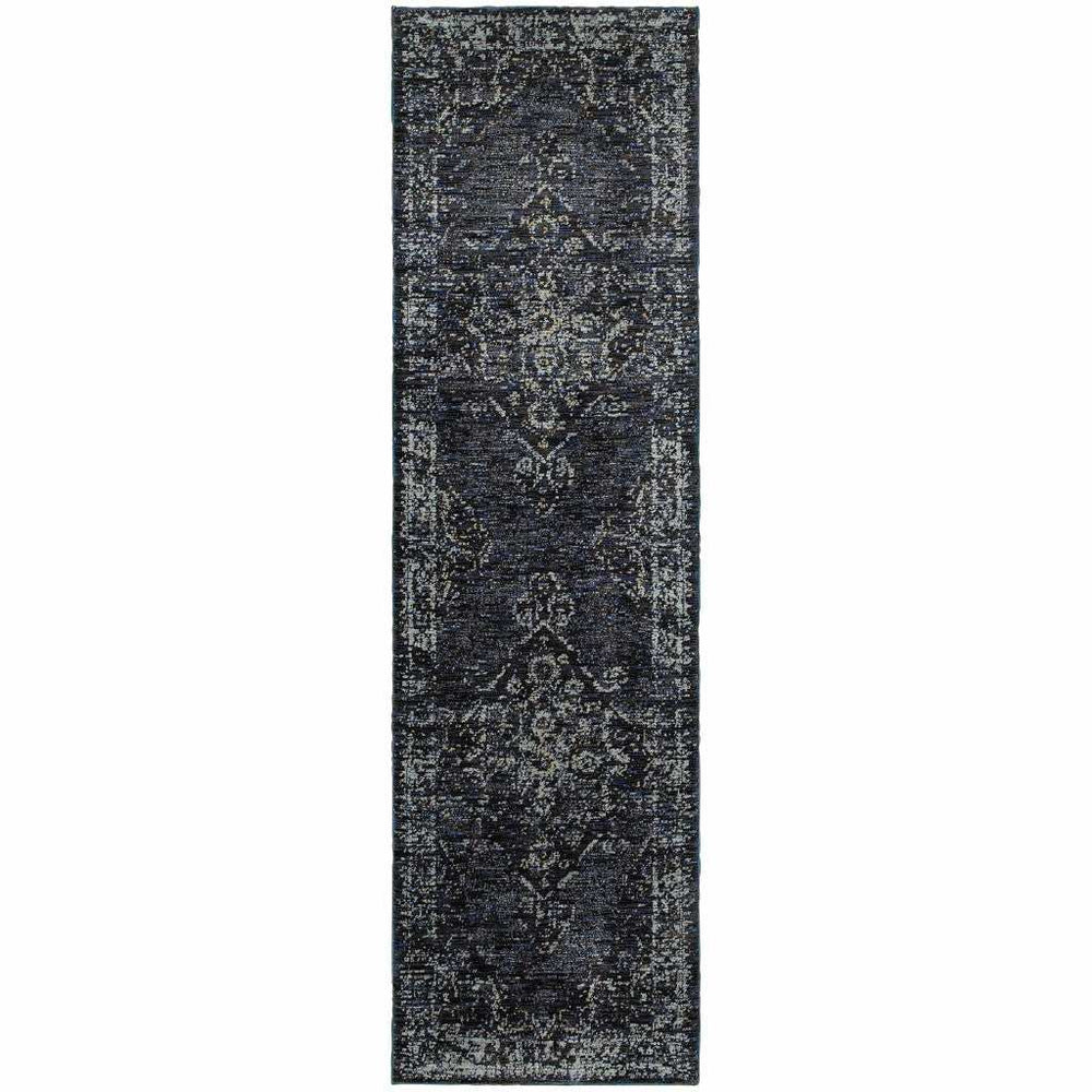 8' Runner Blue and Ivory Oriental Power Loom Runner Rug - Homeroots - Flyclothing LLC